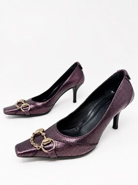 Gucci Horsebit Metallic Purple Heels Womens Size EU 36.5